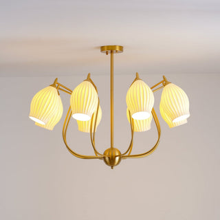 Ceramic multi-petal chandelier warm light ceiling fixture view