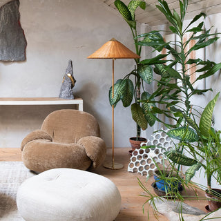 Tall rattan floor lamp wide — vintage woven warm