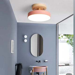 Natural wood ceiling lamp close-up, modern LED fixture detail