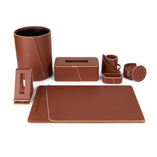 executive leather desk set cognac office accessories beige edge detailing front view