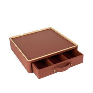 leather tea coffee box cognac leather amenity box drawer storage front view