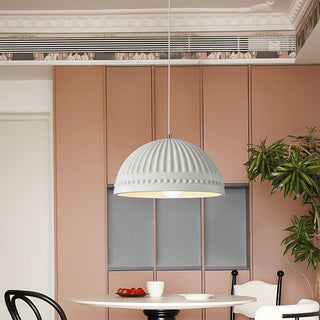 Cream resin pendant from below — vintage adjustable dining fixture
