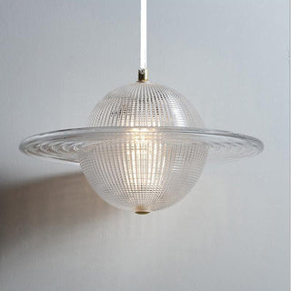 Glass planet pendant in interior — modern unique hanging lamp