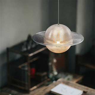 Glass planet pendant close-up — modern unique hanging lamp