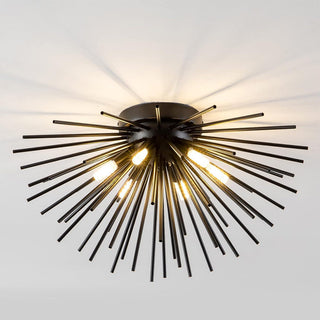 Modern hedgehog chandelier illuminated — aluminum 6-bulb dining warm