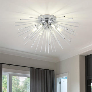 Modern aluminum hedgehog chandelier side — 6-bulb dining warm
