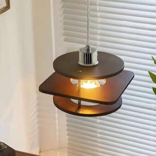 Retro pendant close-up — walnut small metal wood lamp