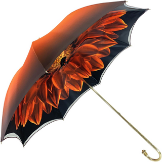 Women's orange satin double canopy umbrella gold handle side