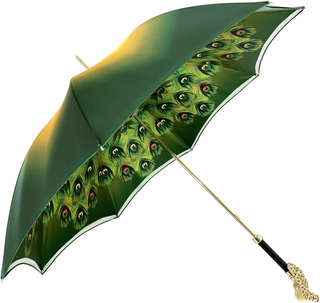 Green peacock umbrella – gold handle close-up