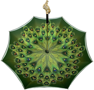 Green peacock umbrella – gold handle profile view