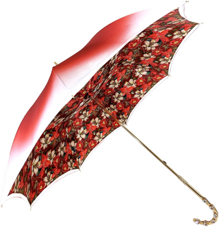 Women's red floral umbrella Swarovski crystal handle side