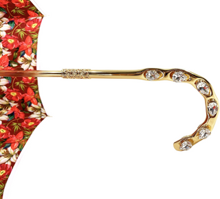 Elegant red flowered umbrella Swarovski crystal handle close-up