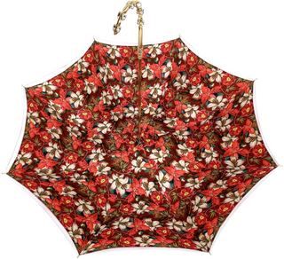 Handmade red flowered umbrella Swarovski handle open canopy