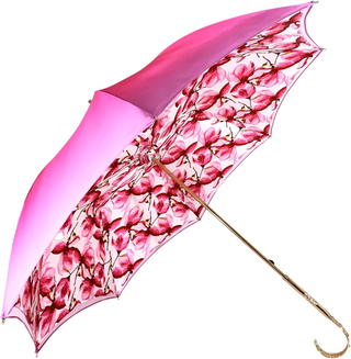 Women's fuchsia pink double canopy umbrella gold handle side