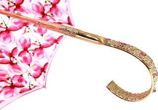 Elegant fuchsia floral double canopy umbrella gold handle
