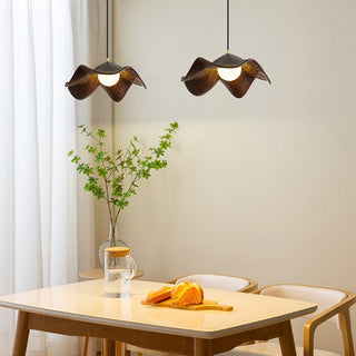 Scandinavian wood pendant with petal-shaped layered shade