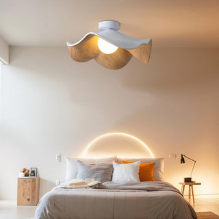 Scandinavian lotus ceiling lamp close-up, wood resin fixture