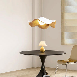 Nordic wood hanging lamp with leaf-shaped shade — dining