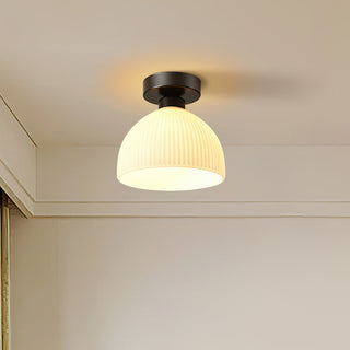White mini ceiling light in hallway, semi-flush mount clean lines