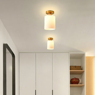 White semi-flush mount ceiling light close-up, smooth dome shade