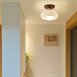 Vintage French ceiling light with white wood frame and glass