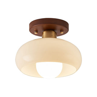 Vintage French ceiling lamp installed, white wood glass shade