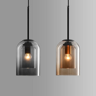 Double layer pendant from below — minimalist amber grey ceiling light