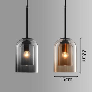 Minimalist glass pendant close-up — double layer amber grey lamp