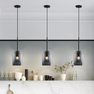 Minimalist double layer pendant in interior — amber grey glass lamp