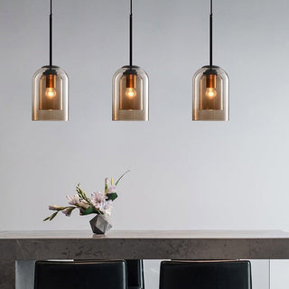 Double layer minimalist amber grey glass pendant — iron fixture
