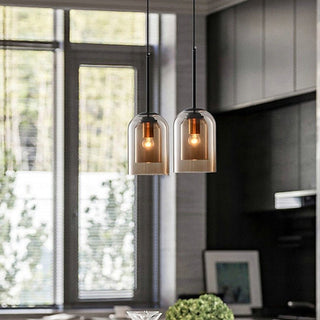 Double layer pendant side view — minimalist amber grey glass lamp