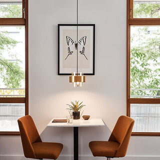 Iron and glass pendant hanging in classic dining interior