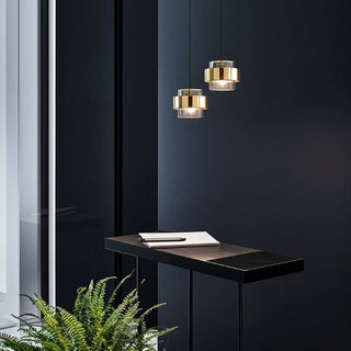 Classic glass pendant close-up — iron fixture dining room lamp
