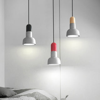 Loft concrete pendant from below — wood accent ceiling fixture