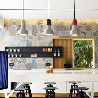 Concrete pendant lamp detail — modern loft wood accent ceiling