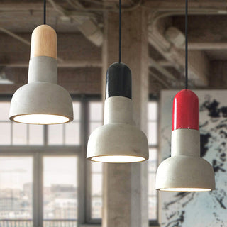 Loft concrete pendant in interior — wood accent ceiling lamp