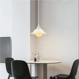 Milky ceramic pendant from below — hat-shaped modern ceiling lamp