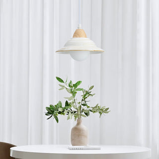 Ceramic hat pendant close-up — milky white modern ceiling lamp