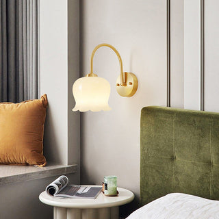 French flower wall lamp brass gold angle — floral glass sconce