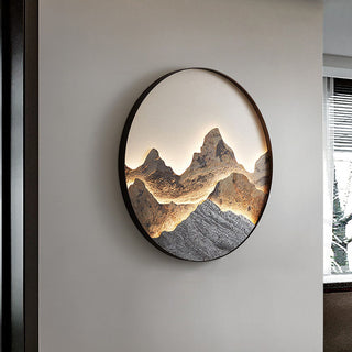 Round mountain motif LED Chinese wall sconce — gold living room