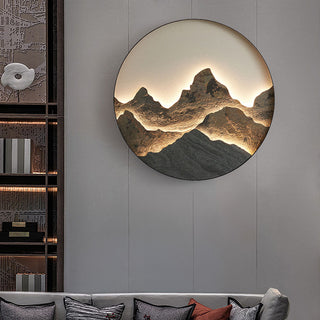 Gold finish round mountain Chinese LED sconce detail — wall
