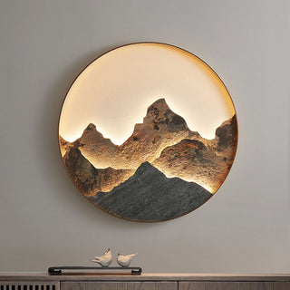 Chinese LED wall light round mountain motif — gold finish living room