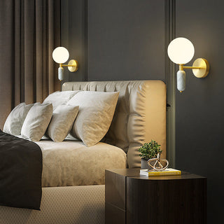 Marble bedside wall lamp illuminated — cylindrical copper sconce
