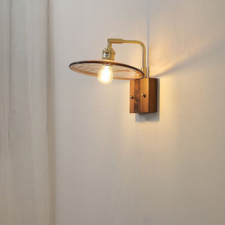 Brown glass brass wood retro wall sconce — mid-century lamp