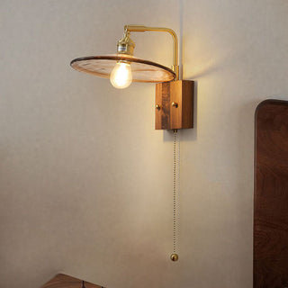 Mid-century retro wall lamp brown glass — brass wood sconce