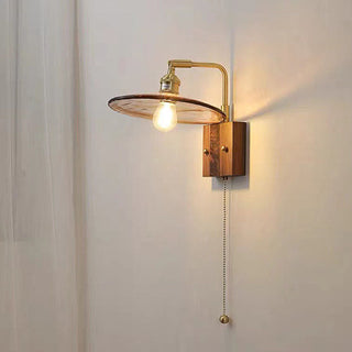 Mid-century brass wood brown glass wall lamp — retro sconce