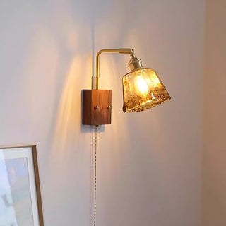 Mid-century brown glass wall lamp brass wood illuminated