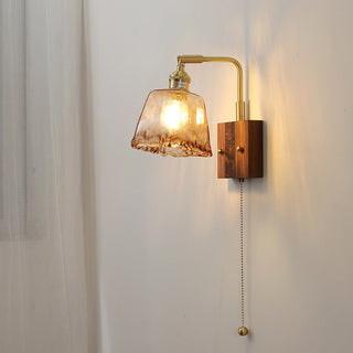 Mid Century Wall Light – Brown Glass Sconce with Brass & Wood Retro Design