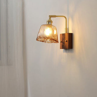Brass wood retro wall sconce brown glass detail — mid-century