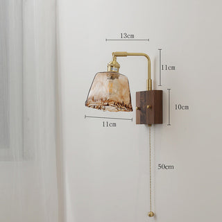 Mid Century Wall Light – Brown Glass Sconce with Brass & Wood Retro Design